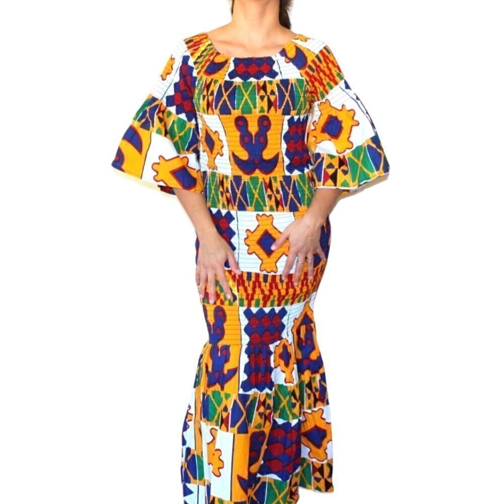 Handmade African mermaid multicolor ruffled trumpet Maxi dress Size M stretch - Picture 10 of 12